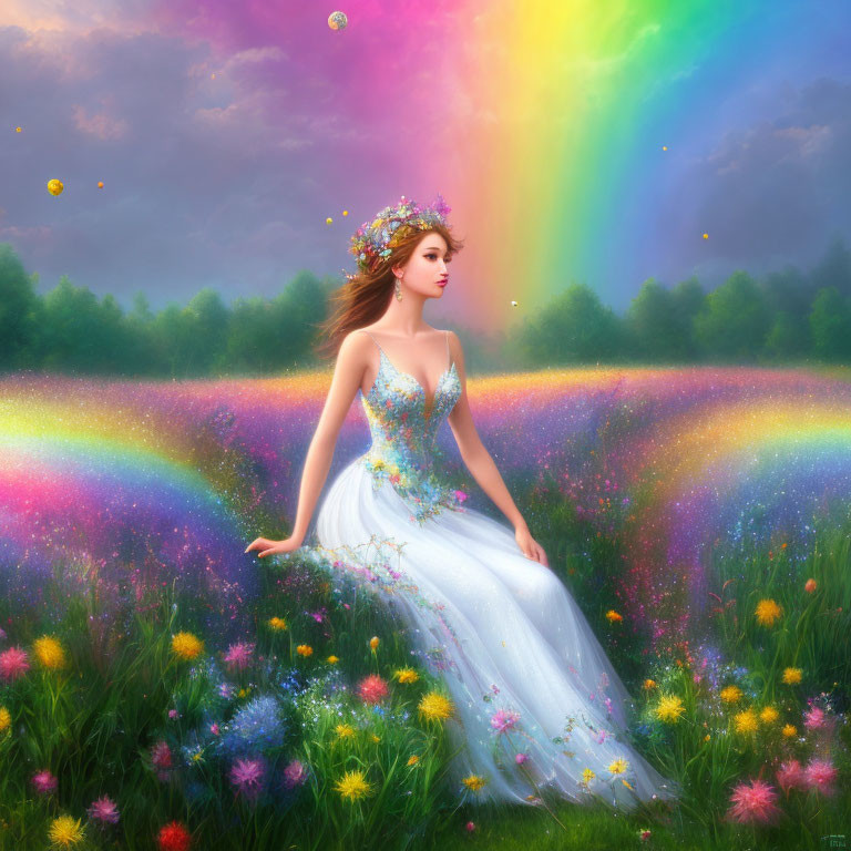 Woman in floral dress with crown in vibrant meadow with rainbow and bubbles