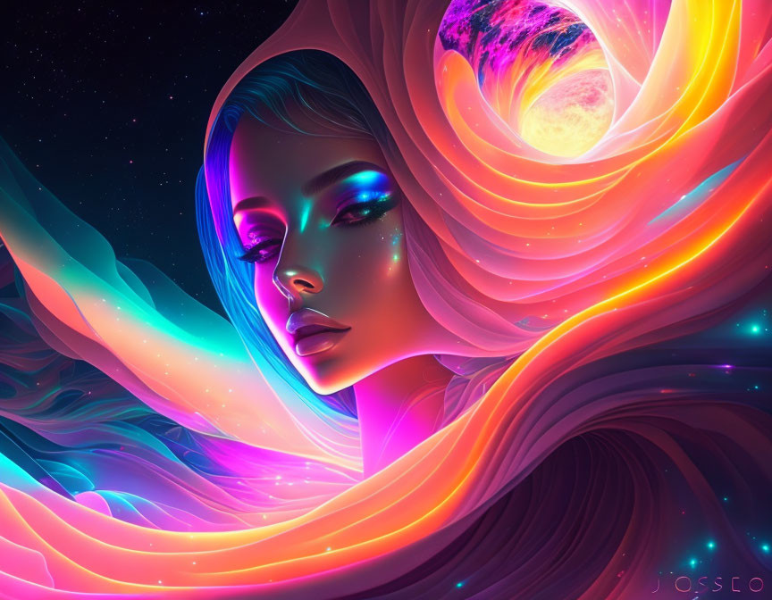 Colorful digital artwork: Woman with cosmic hair in neon colors.