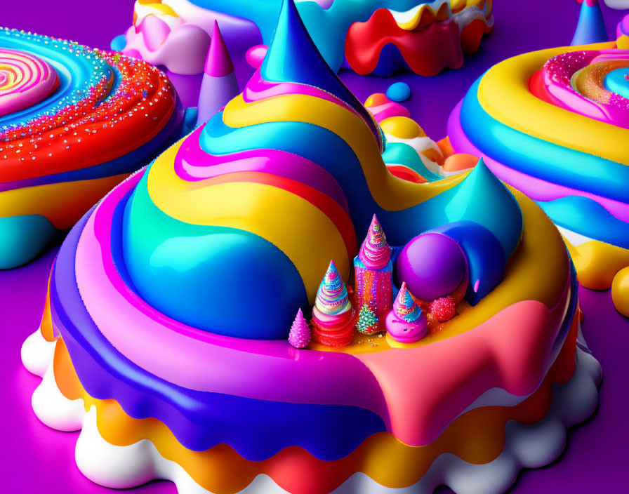 Colorful Digital Artwork: Fluid Shapes on Purple Background