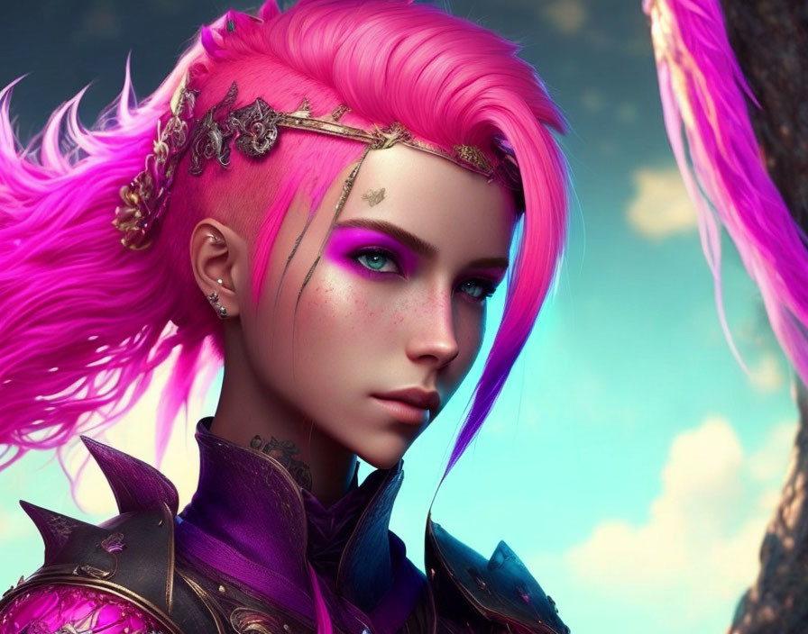 Vibrant Pink-Haired Female Figure with Gold Headpiece in Nature Setting