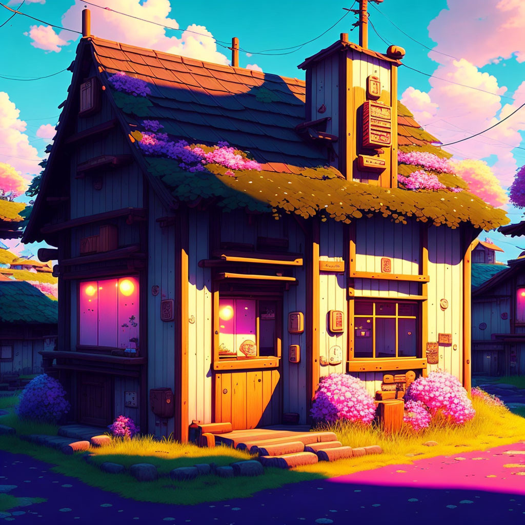 Cartoon two-story house with purple flowers at twilight