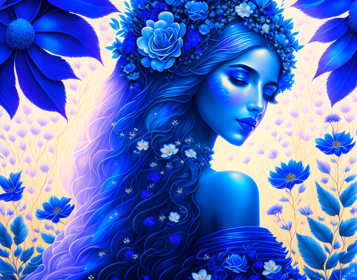 Illustration of woman with blue skin in floral crown and dress among stylized blue flowers