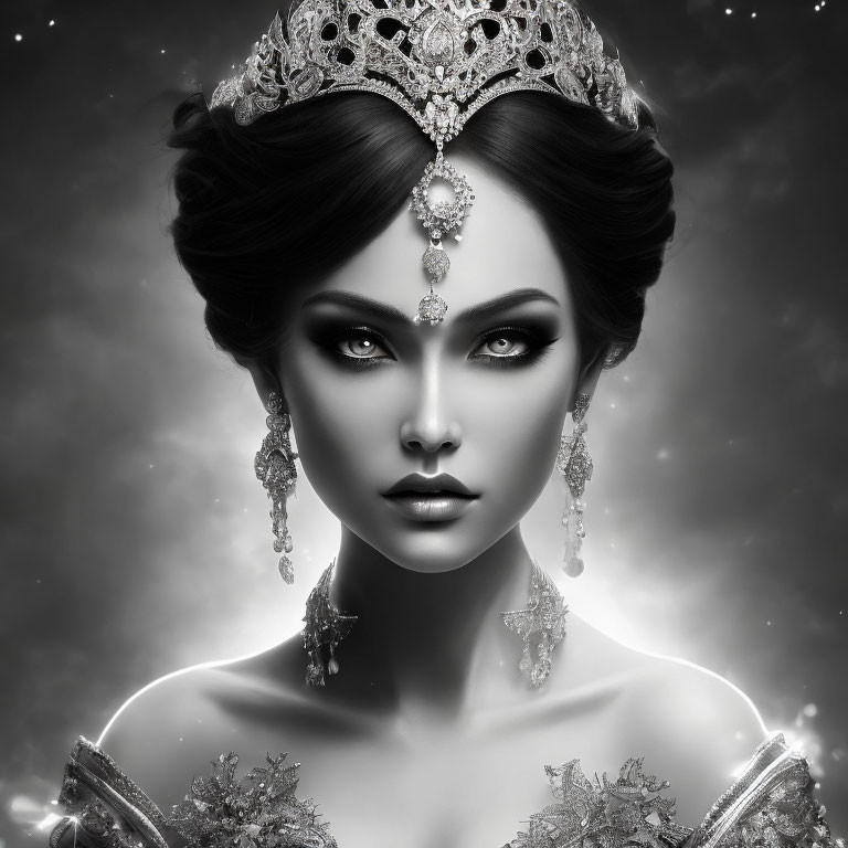 Monochromatic portrait of woman with elegant makeup and regal accessories against starry backdrop