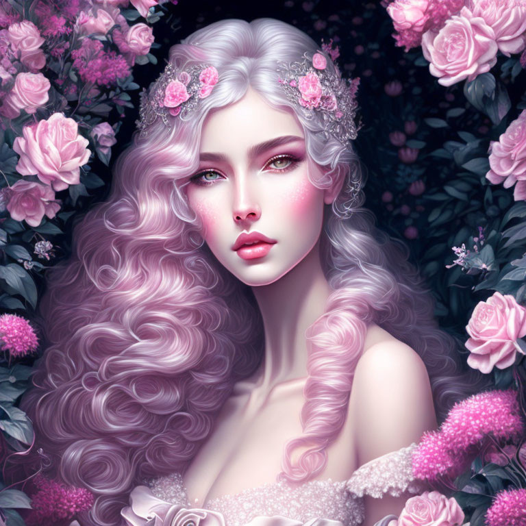 Illustration of woman with wavy hair and pink flowers in lush rose garden