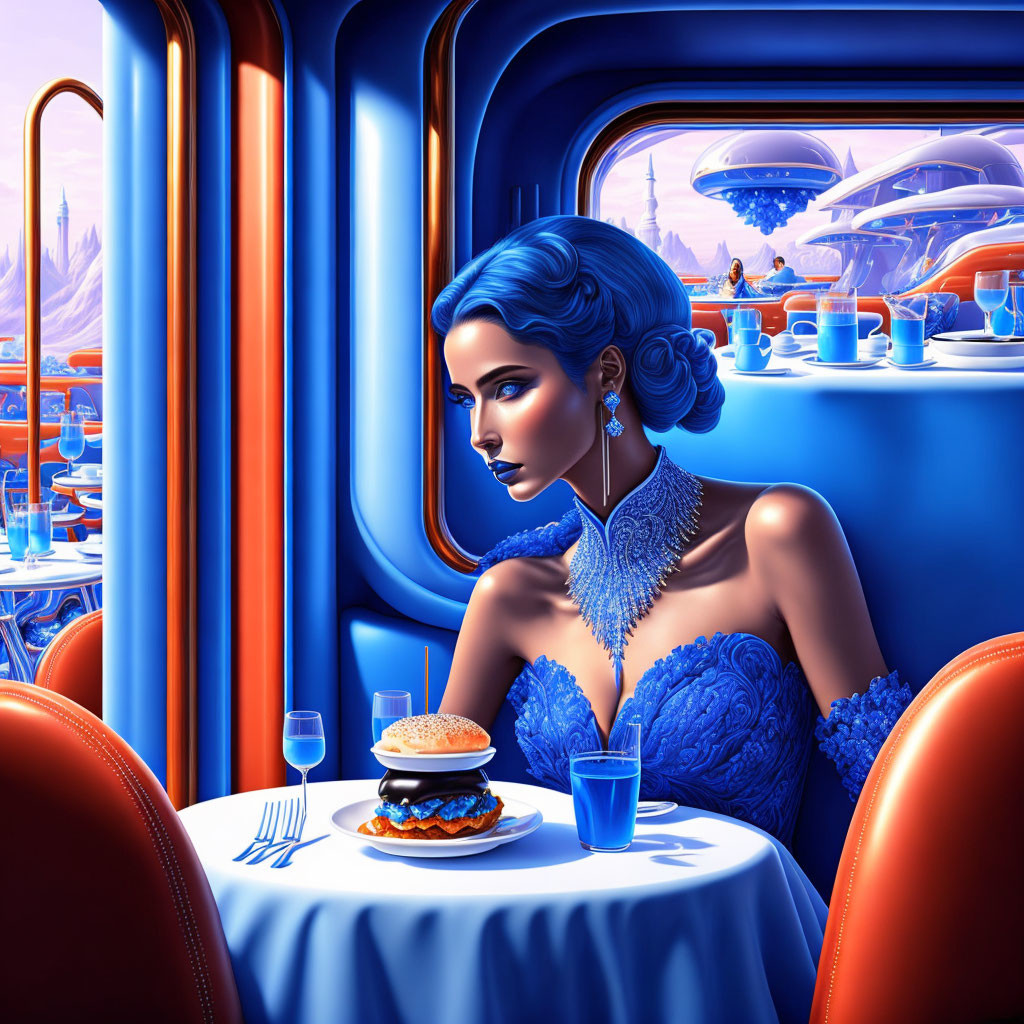 Stylized woman in blue dress at table with burger and drink, looking out train window at futuristic