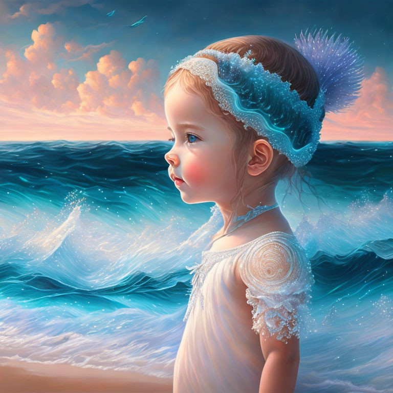 Child in white dress with wave headpiece against vibrant sunset sky