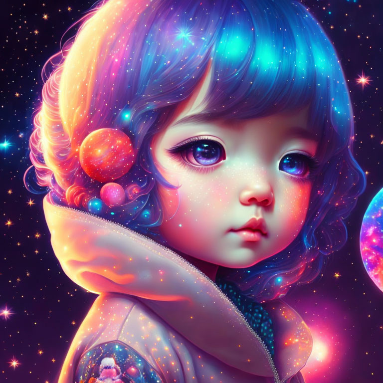 Colorful digital portrait of young girl with galaxy eyes and star background