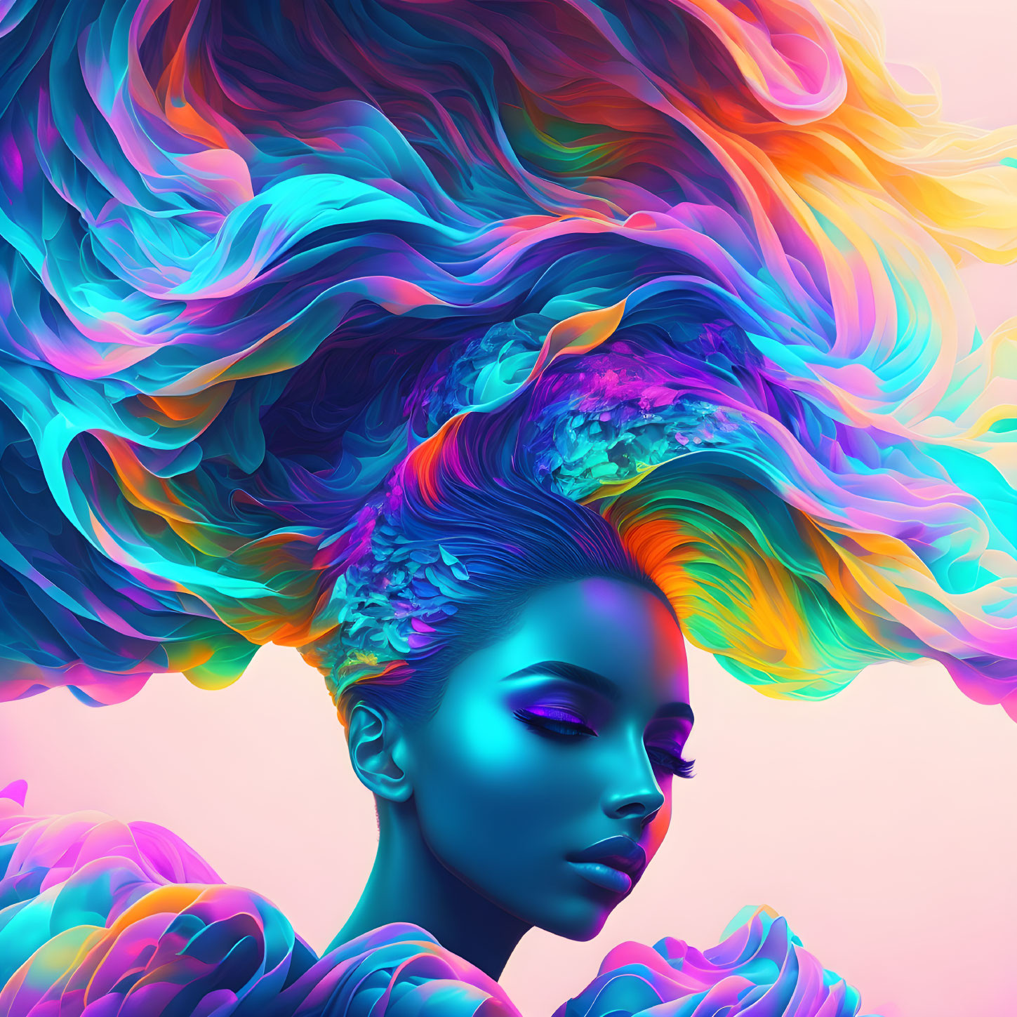 Colorful profile portrait of a woman with flowing multicolored hair on abstract backdrop