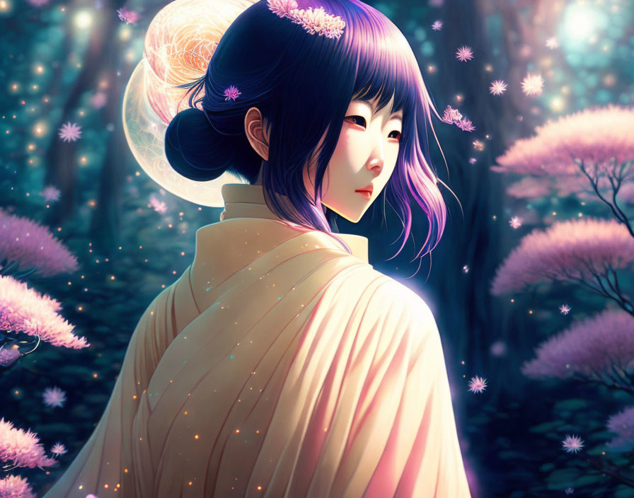 Purple-haired female character in traditional attire in mystical forest with orbs and petals.