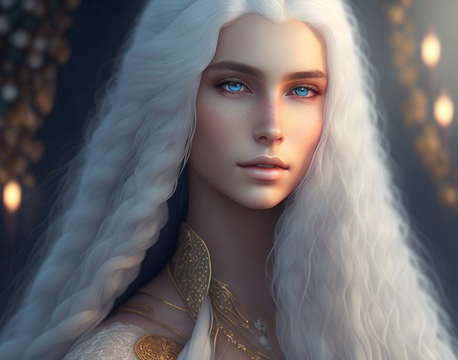 Digital Portrait: Woman with Long White Hair and Blue Eyes