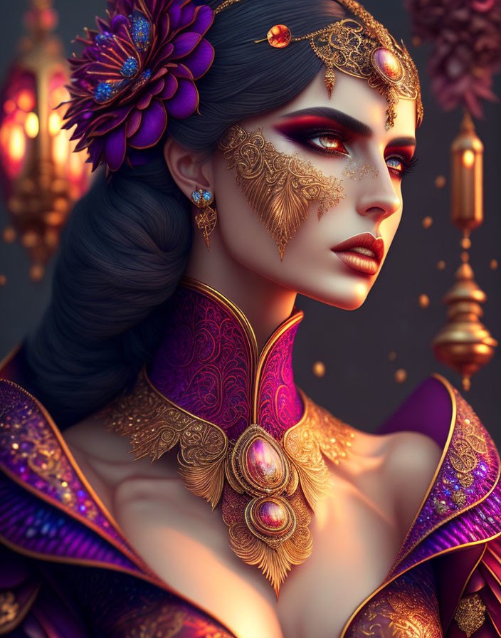 Detailed Gold Face Adornments on Illustrated Woman