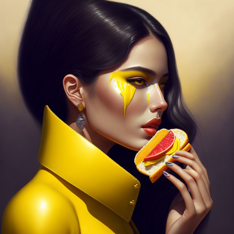 Illustrated woman with sleek hair and yellow makeup tears holding a grapefruit in bold yellow collar