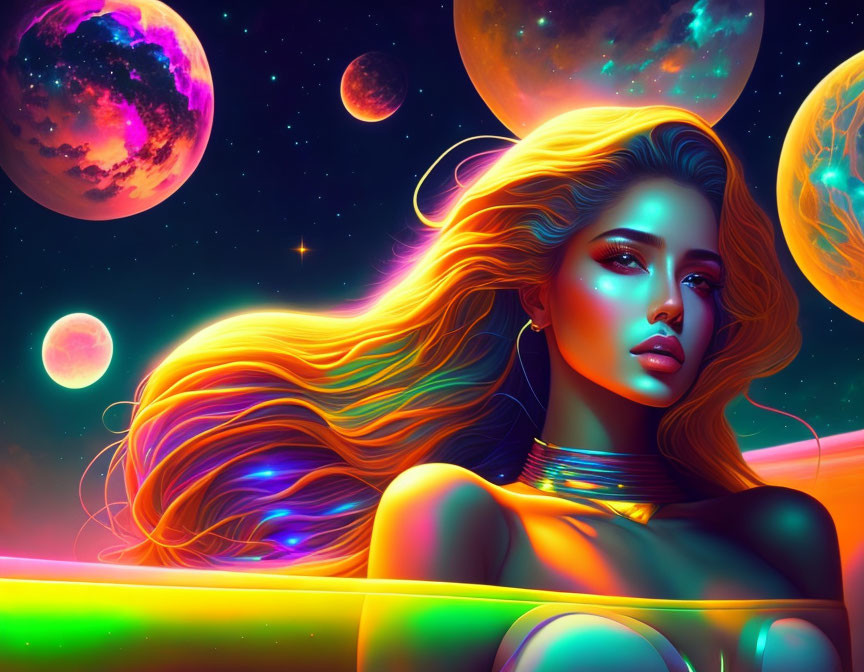 Vibrant digital artwork: Woman with flowing hair in surreal space.