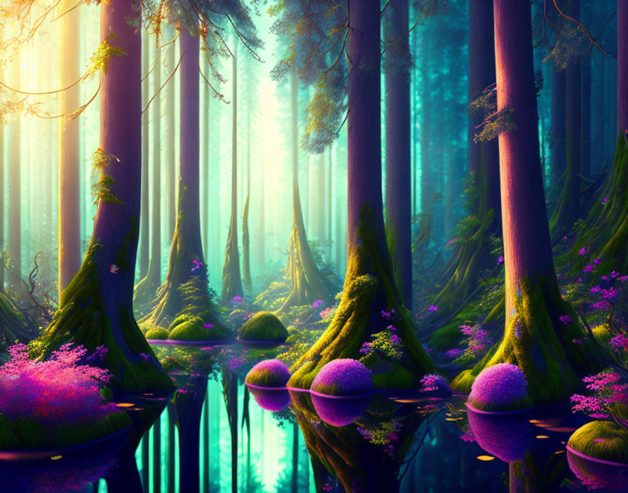 Mystical Enchanted Forest with Tall Trees and Purple Foliage