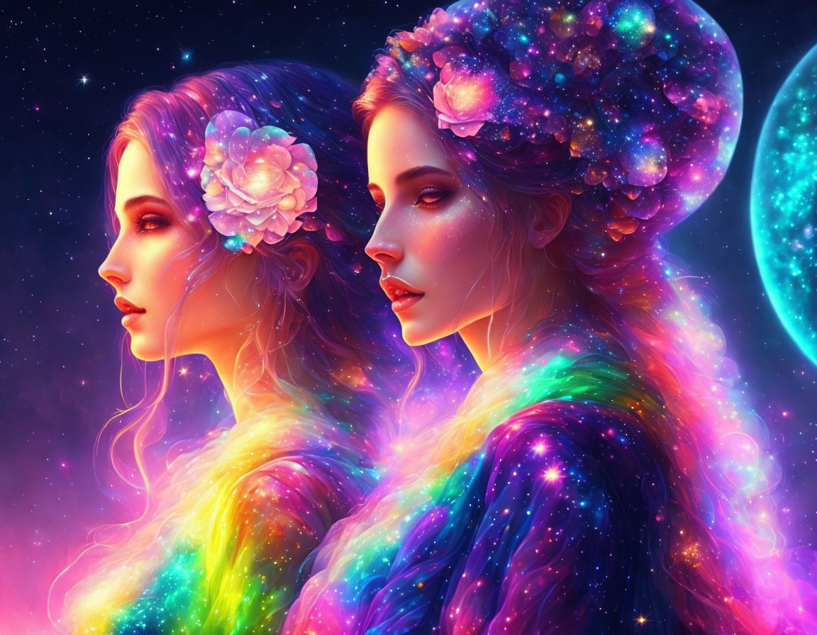 Illustration of two women with cosmic hair and glowing moon.