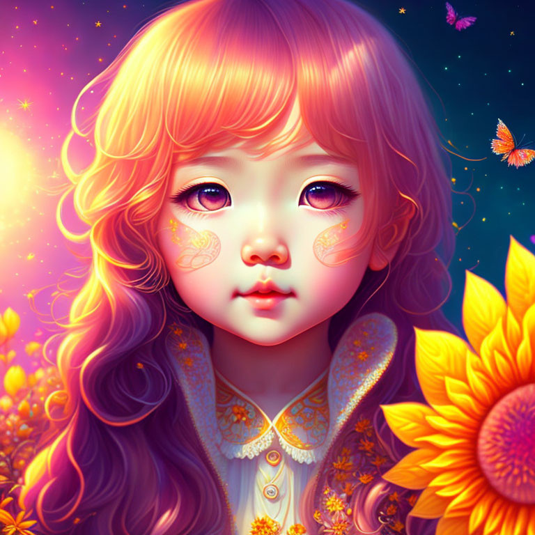 Young girl digital illustration with big eyes, wavy hair, sunflowers, butterflies, and galaxy background