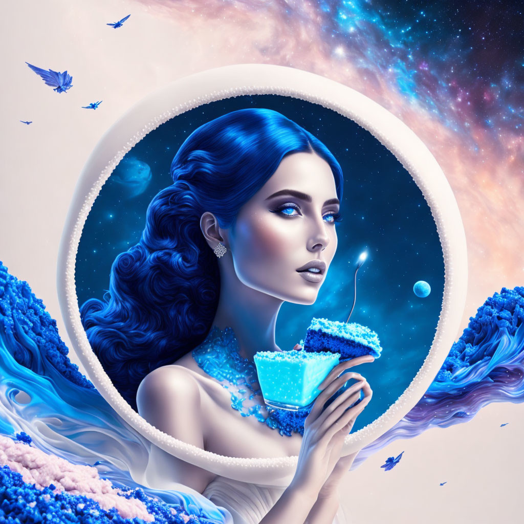 Surreal digital artwork: Woman with blue hair, cup, cosmic background, butterflies