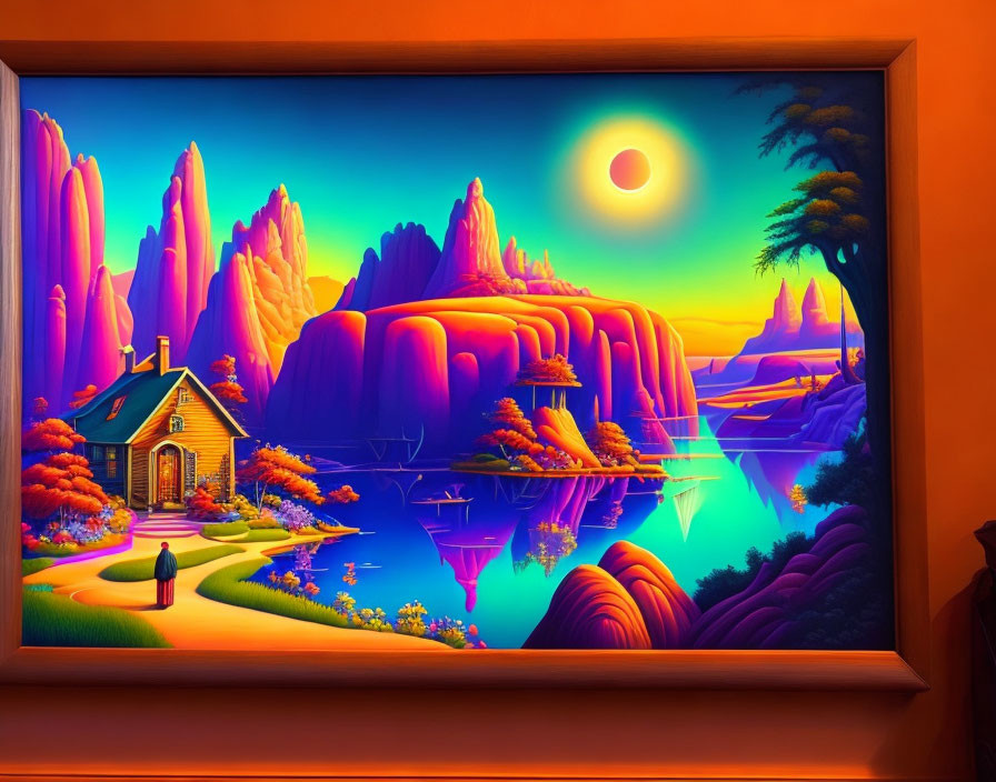 Surreal landscape painting: cottage, purple mountains, orange sky, reflective lake