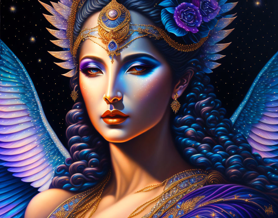 Illustrated Blue-Skinned Woman with Golden Jewelry and Wings in Mystical Space