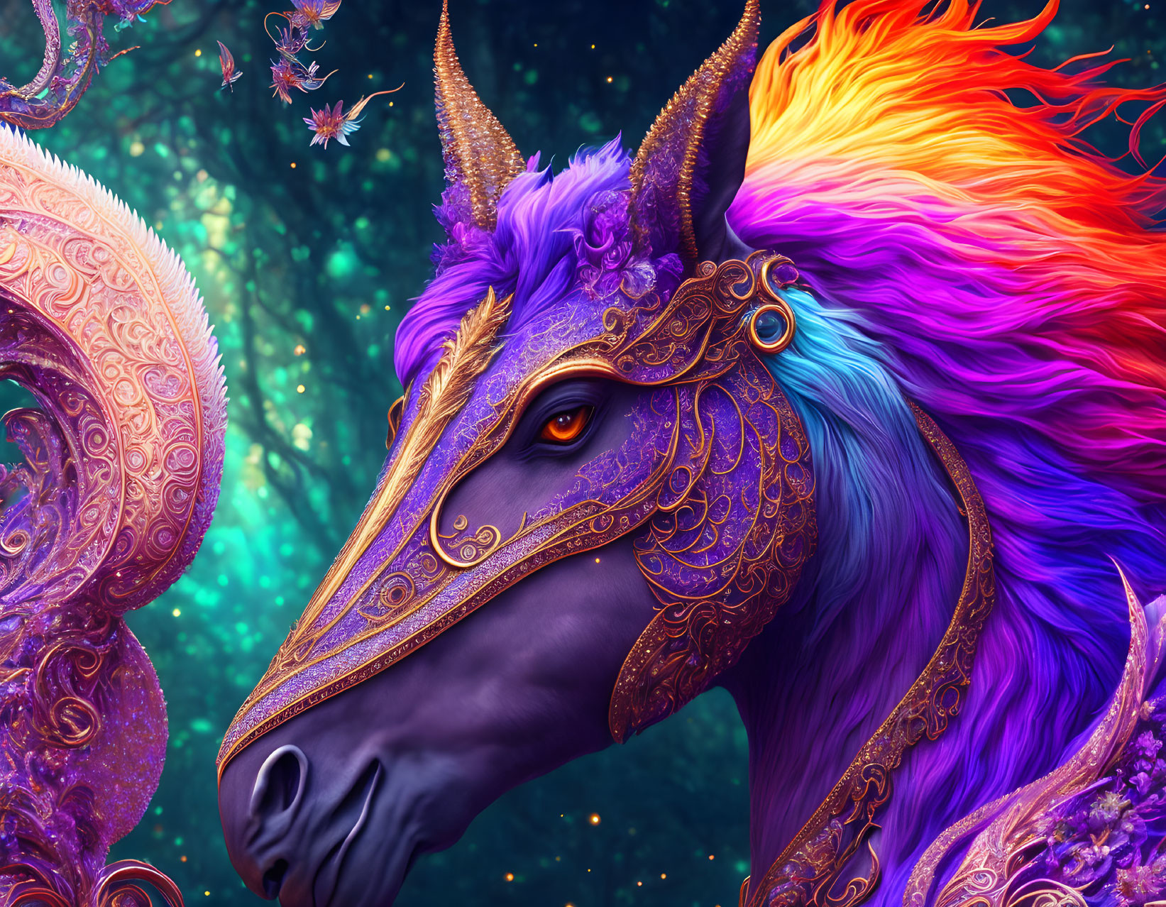 Mythical unicorn with golden horn in enchanted forest