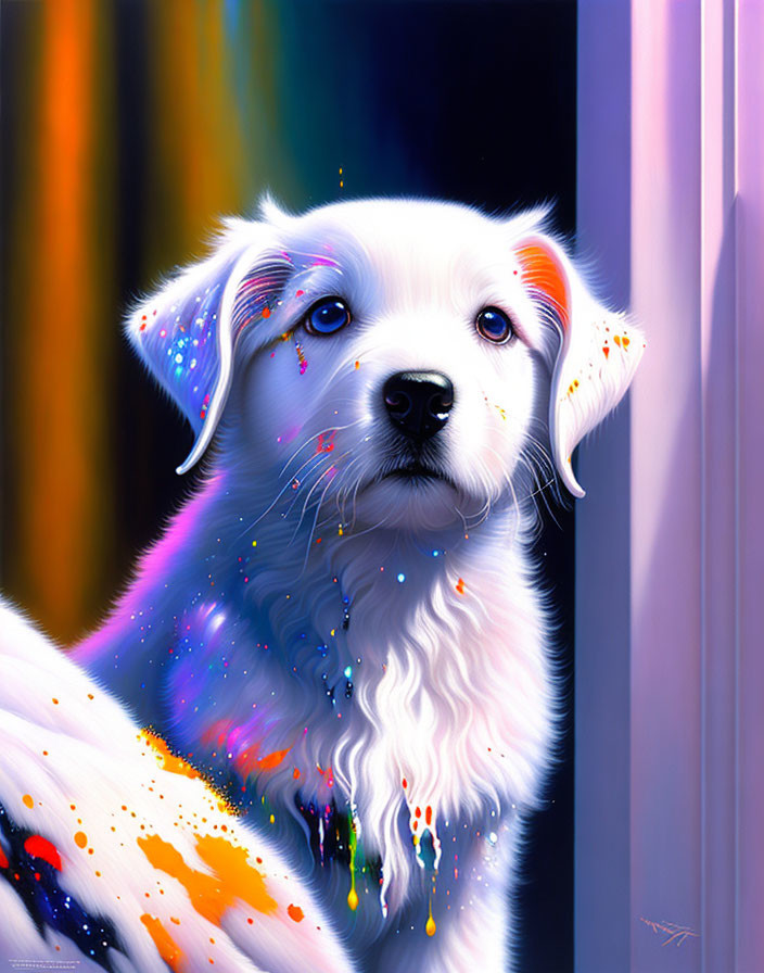 Vibrant, colorful depiction of a white puppy with imaginative splashes.