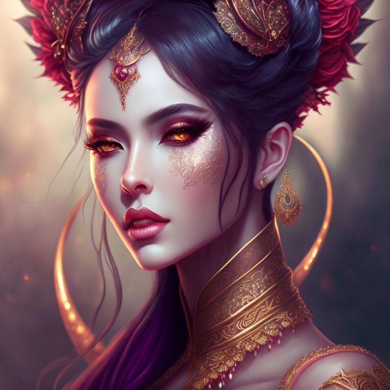 Illustration: Woman adorned with gold jewelry, tattoos, and headdress in warm tones with mystical ambiance