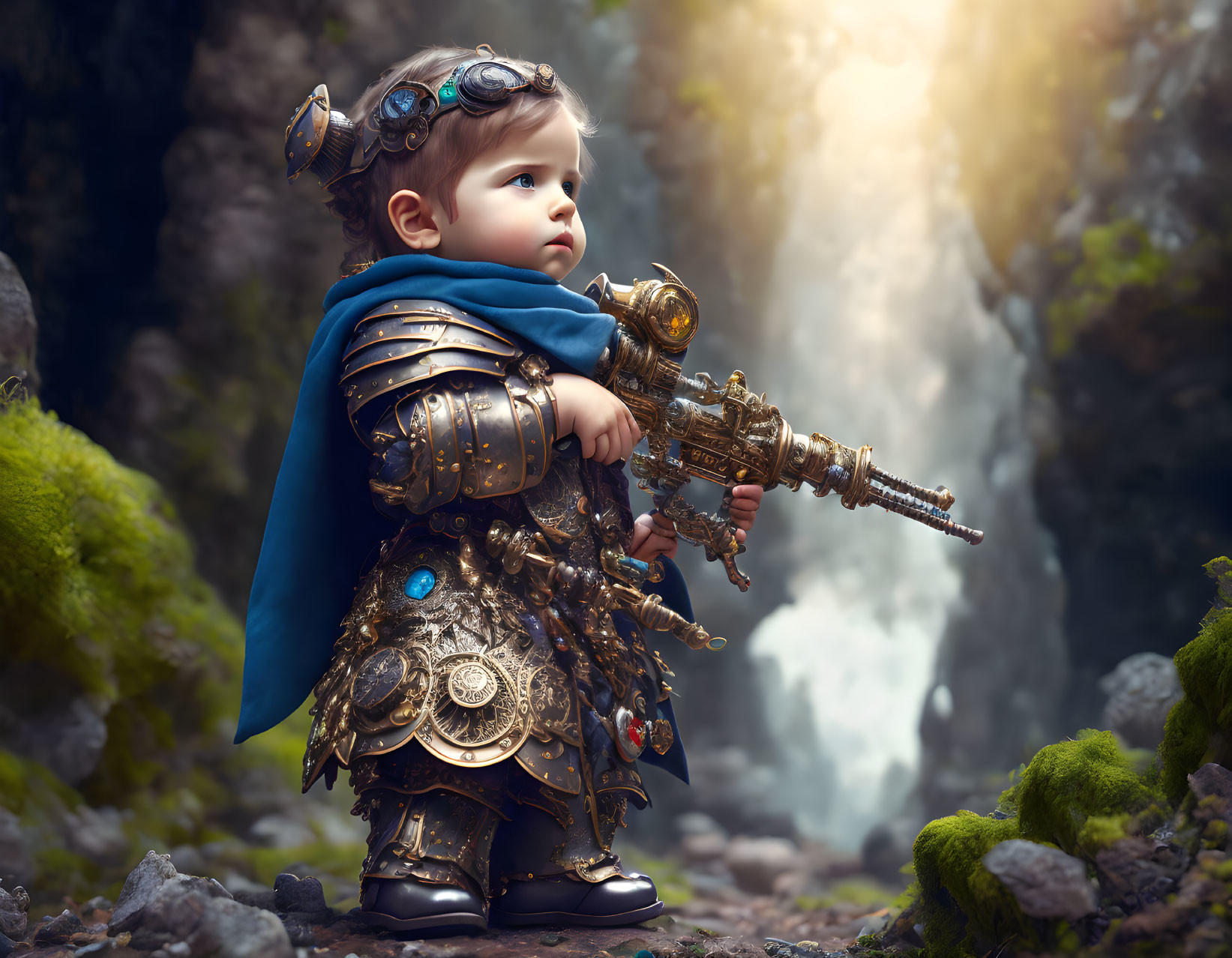 Toddler in Fantasy Armor with Cape and Steampunk Gauntlet in Mystical Forest