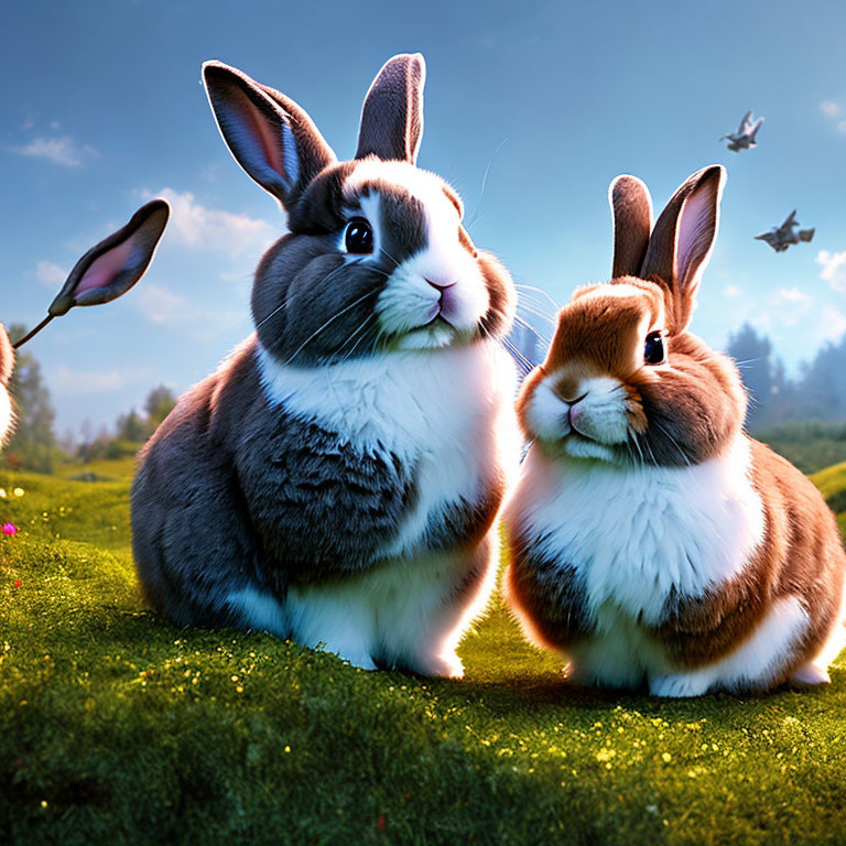 Fluffy rabbits on green grass under blue sky with butterflies.