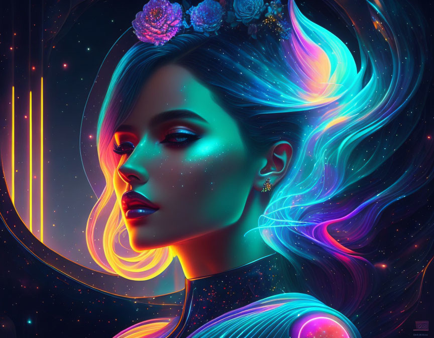 Vibrant digital art: woman with neon hair and cosmic background