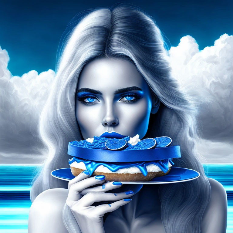 Monochromatic surreal image of woman with blue eyes and lips holding blue sandwich