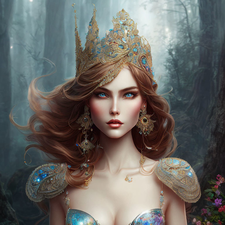 Regal fantasy figure with golden crown in misty forest