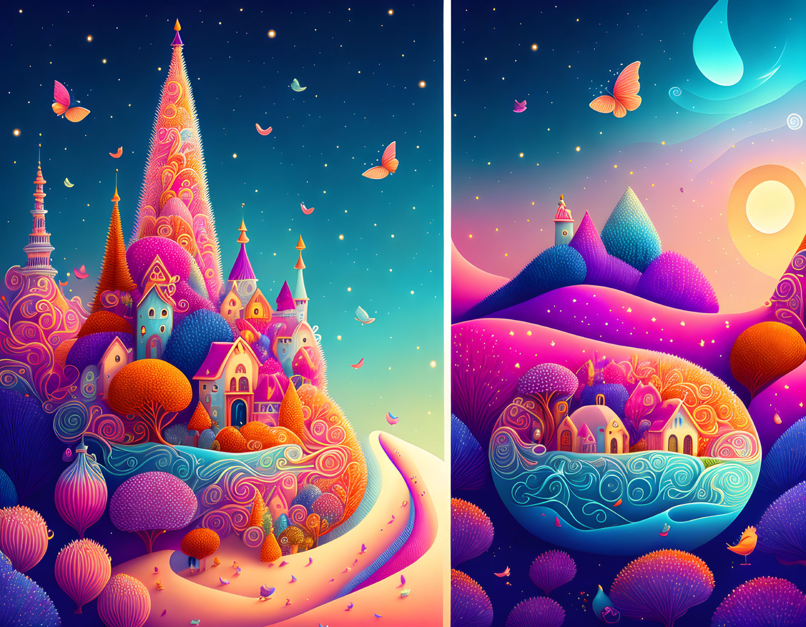 Fantasy landscape with castles, hills, moon, butterflies, and starry sky