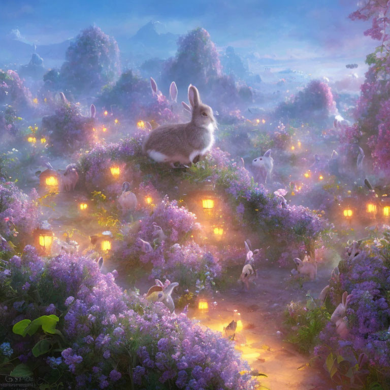 Rabbits in glowing flower-filled landscape with lanterns at dusk