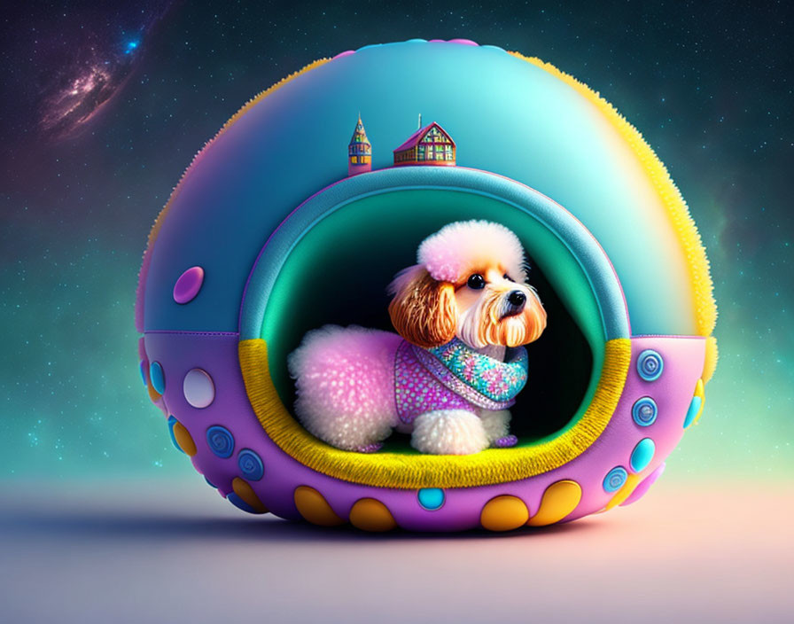 Fluffy dog in colorful futuristic orb with whimsical buildings & galaxy.