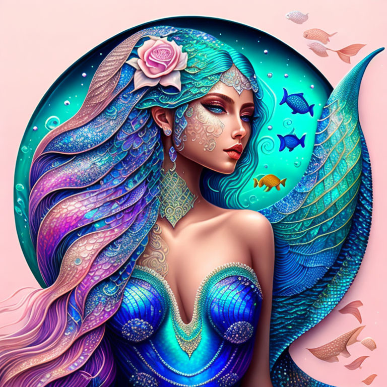 Colorful Mythical Mermaid Illustration with Rose and Fish on Pink Background