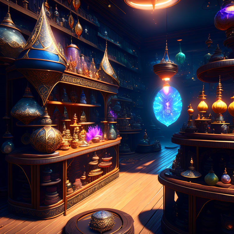 Mystical Shop Interior with Glowing Crystals and Ornate Lamps