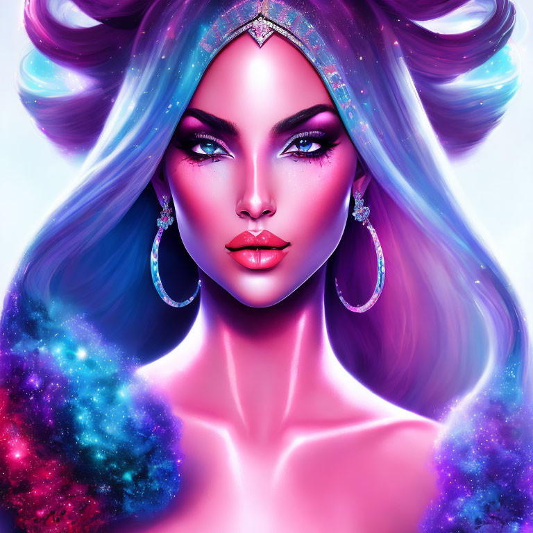 Colorful illustration of woman with blue hair and cosmic jewelry