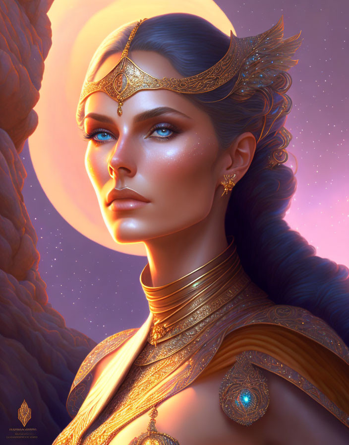 Regal woman with blue eyes in golden jewelry against warm backdrop