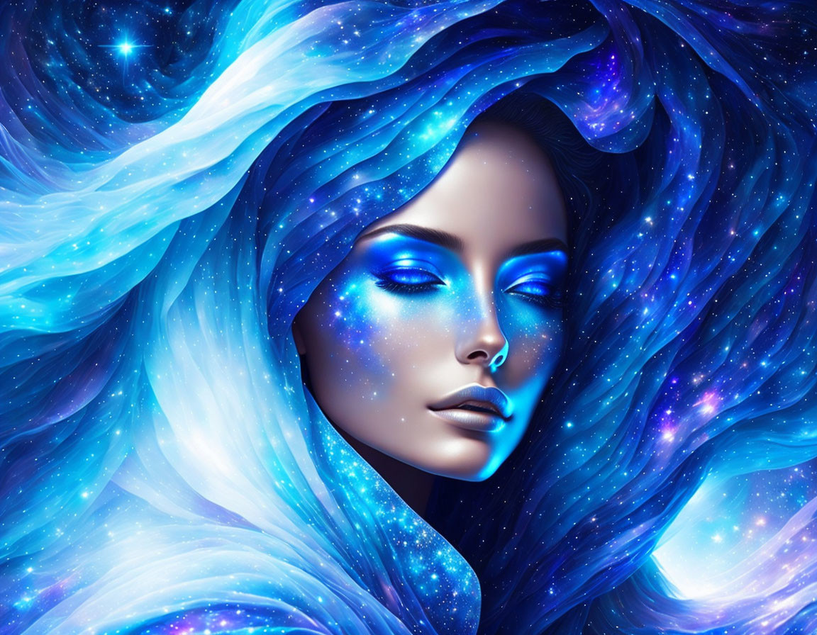 Digital illustration: Woman with cosmic-themed skin and hair in blue and purple starry space.