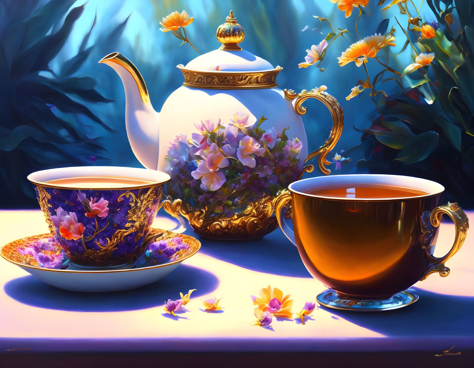 Detailed Artwork: Ornate Teapot, Floral Cups, Soft Light, Petal Scattered