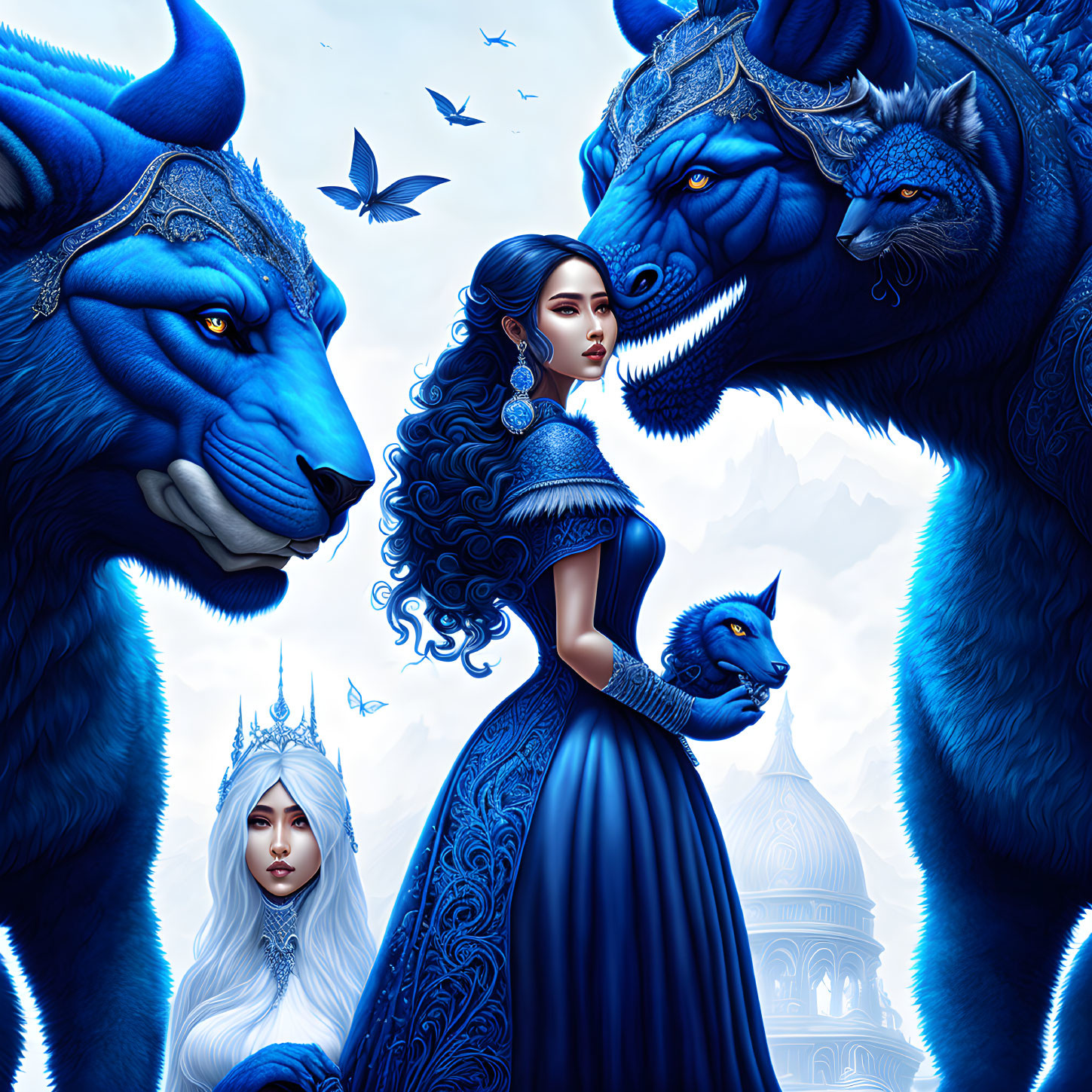 Woman in Blue Gown Poses with Wolves and Crowned Figure in Fantasy Castle Setting