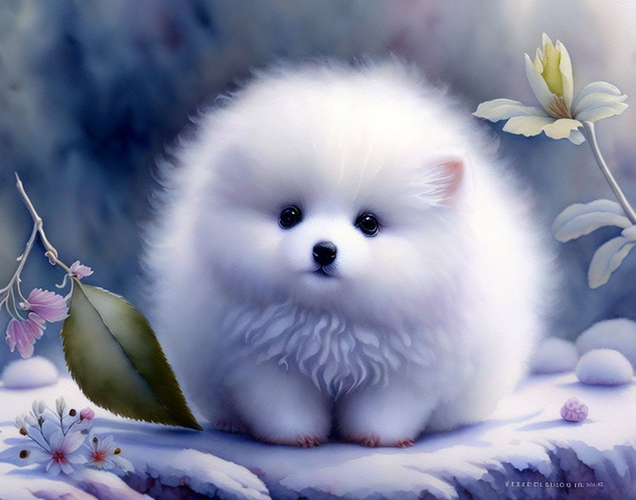 Fluffy White Puppy in Dreamy Floral Setting