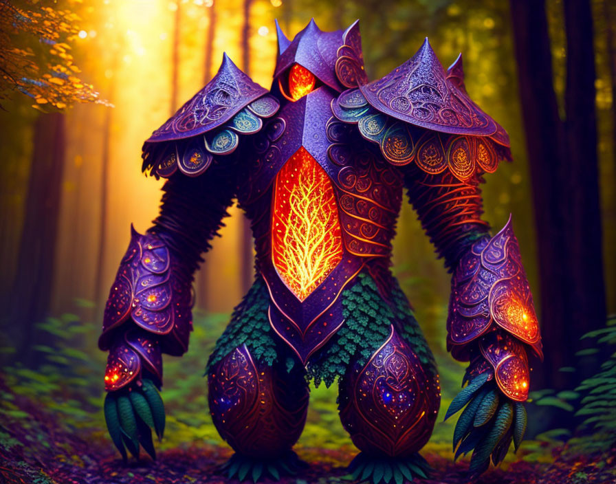 Armored creature with glowing cores in enchanted forest