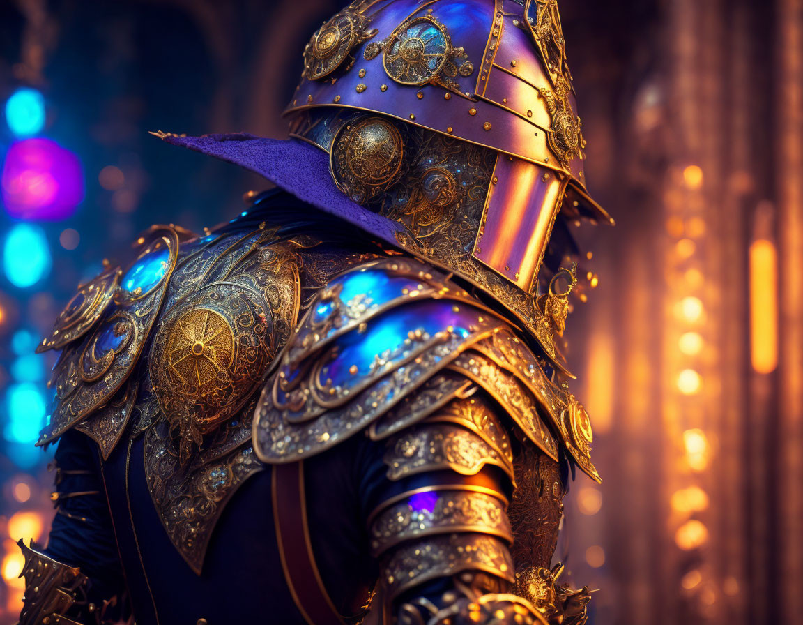 Medieval knight in ornate gold armor under blue and orange lights