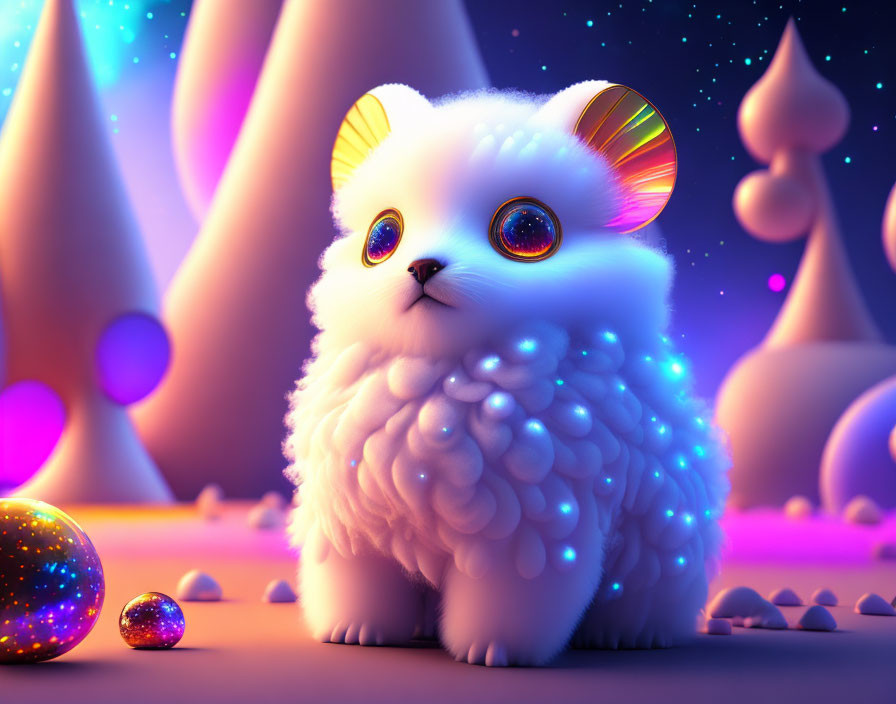 Fluffy White Fantasy Creature in Whimsical Landscape