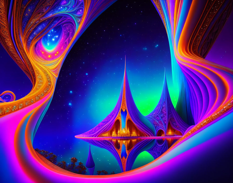 Colorful digital artwork: swirling patterns, spire-like structures, neon colors on starry night sky