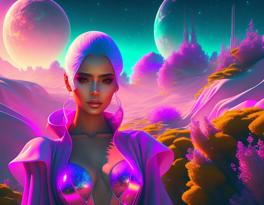 Futuristic sci-fi artwork: feminine android, neon colors, alien flora, twilight cityscape