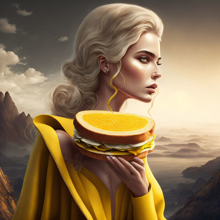 Surreal illustration of woman with platinum blonde hair holding unique sandwich against mountainous backdrop