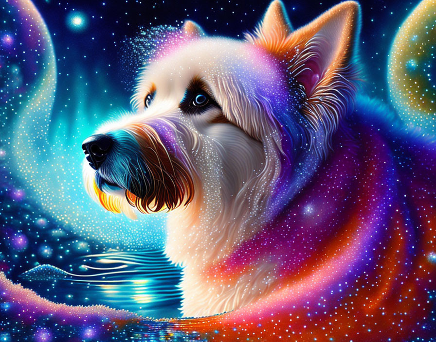 Colorful cosmic dog illustration with stars and nebulas on water reflection