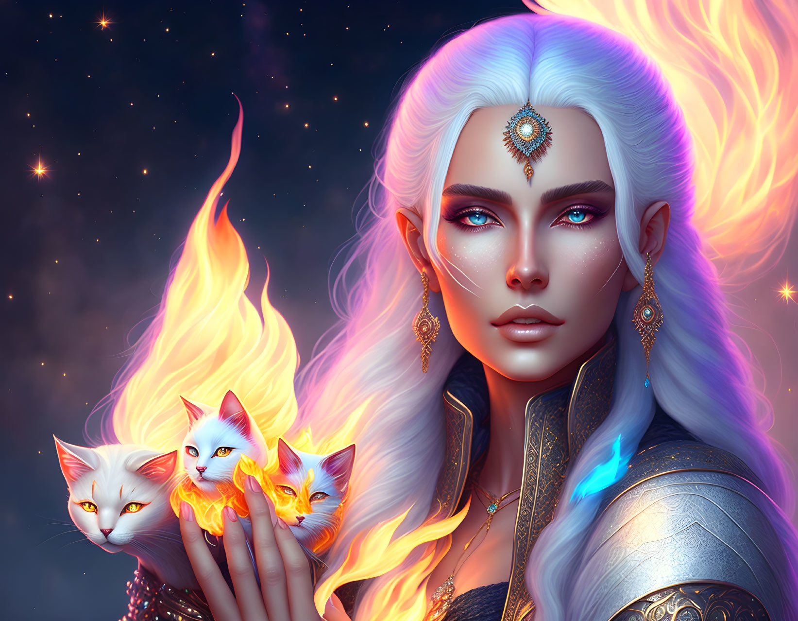 Ethereal woman with white hair holding three fiery-tailed cats against starry backdrop